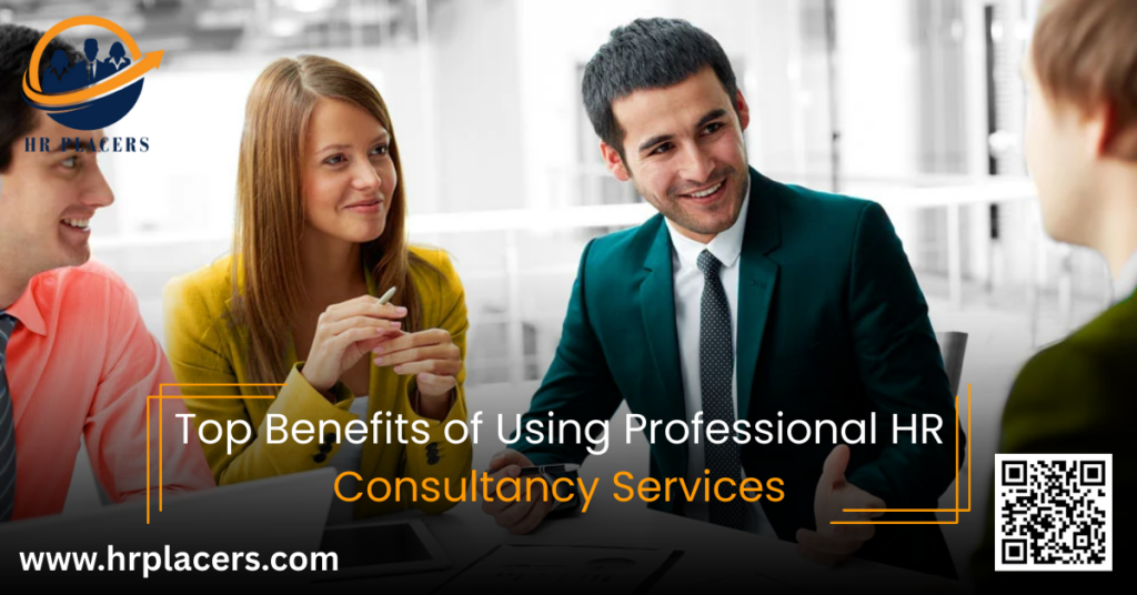 Business meeting discussing HR consultancy benefits